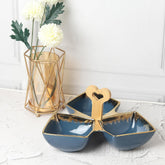 Luxury Blue Ceramic Tri-Part Platter with Bamboo Handle & Gold Rim – 24cm